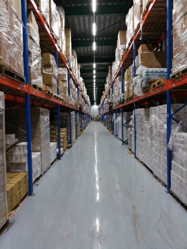 Racked storage aisle in the Kolibri warehouse near Rotterdam
